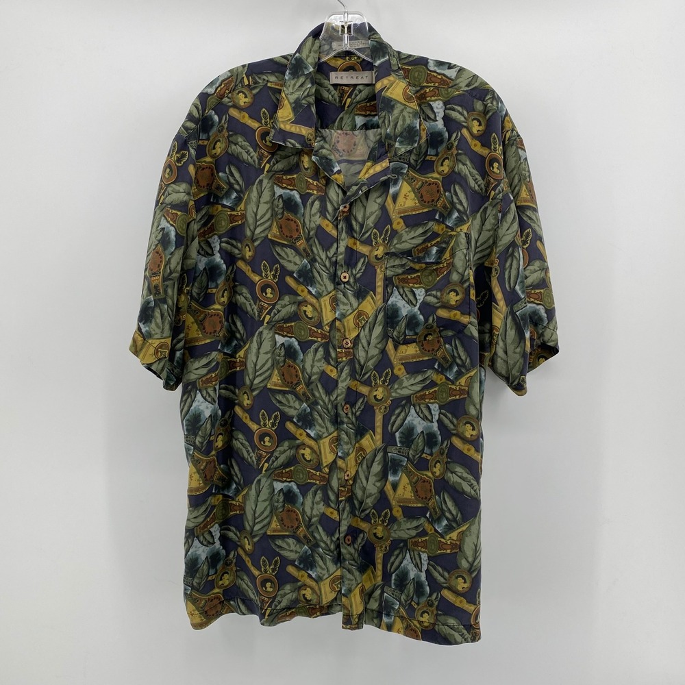 Retreat Mens Large Silk Button Down Shirt Cigar Tobacco Leaf Print Blue Green